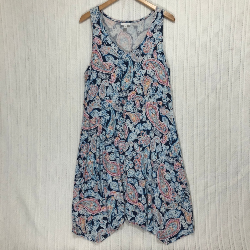J. Jill Paisley Print Sleeveless Casual Dress V Neck Blue Pink Size M‎
